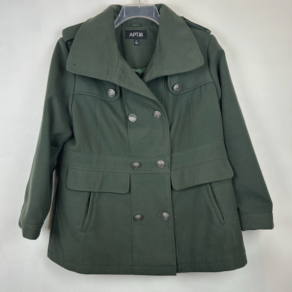Pea Coat Wool Blend Womens XL Military Green Decorative Buttons Casual